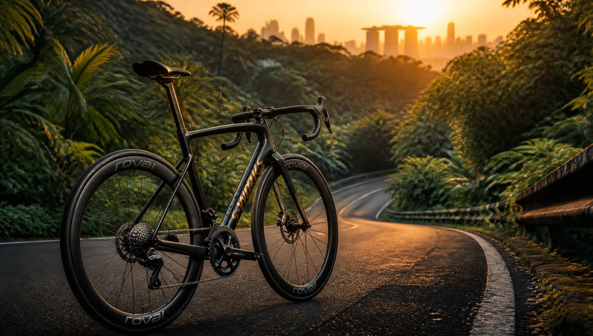 Carbon road bike on a winding road at sunrise with the Singapore skyline behind